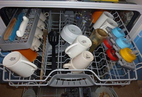špinavé riady v umývačke riadu