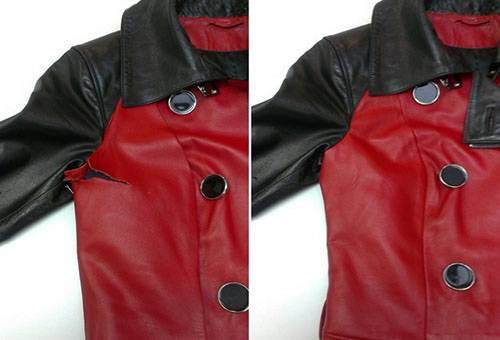 Jaqueta de couro antes e após o reparo