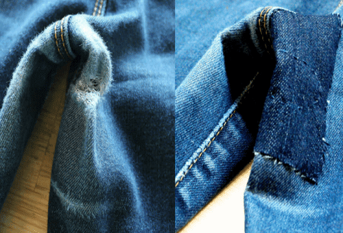 jeans voor en na het naaien op een patch