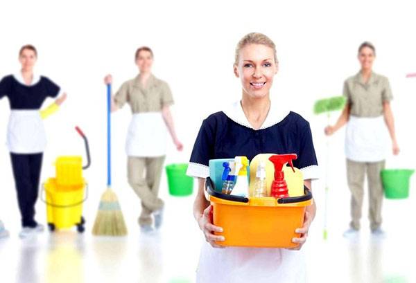 Reinigungsfirmaspezialisten mit Reinigungsausrüstung