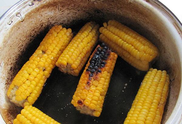 Spálená kukurica v smaltovanej panvici