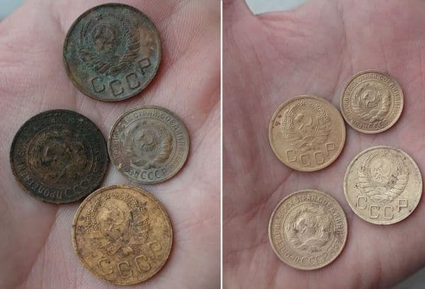 monētas pirms un pēc tīrīšanas