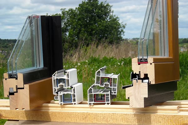 Perfis de janelas de madeira e plástico