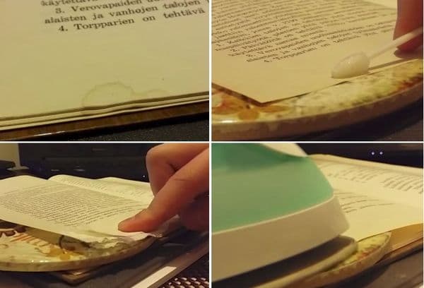 usuwanie plam z arkusza książki