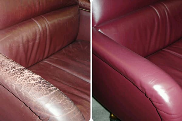 Ādas dīvāns pirms un pēc krāsošanas