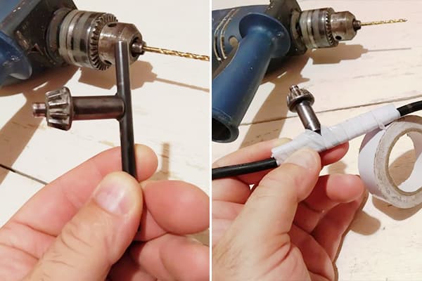 Mocowanie klucza od wiertarki do drutu na taśmie elektrycznej