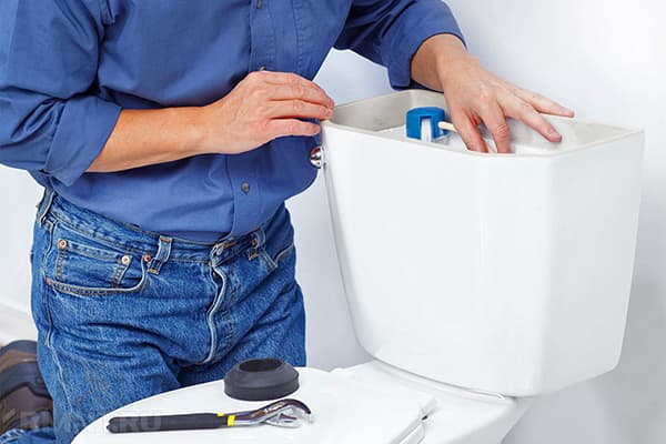 Υδραυλικός που καθορίζει ένα μπολ τουαλέτας